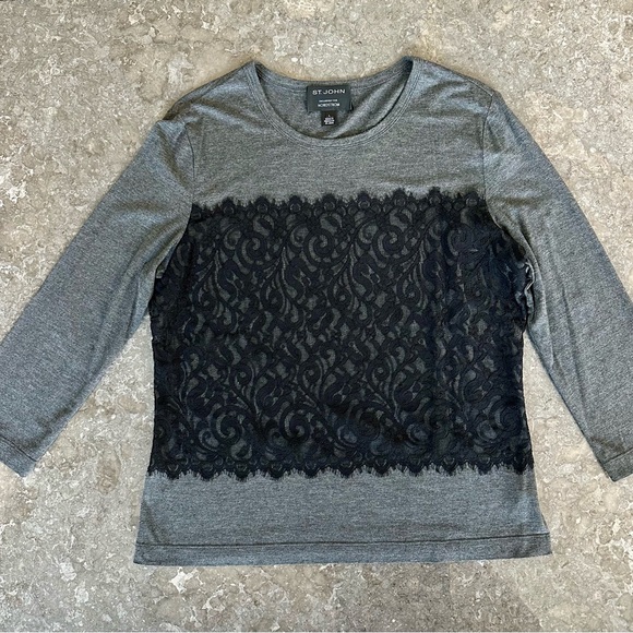 St. John Charcoal and Black Lace Long Sleeve Top - Picture 2 of 4